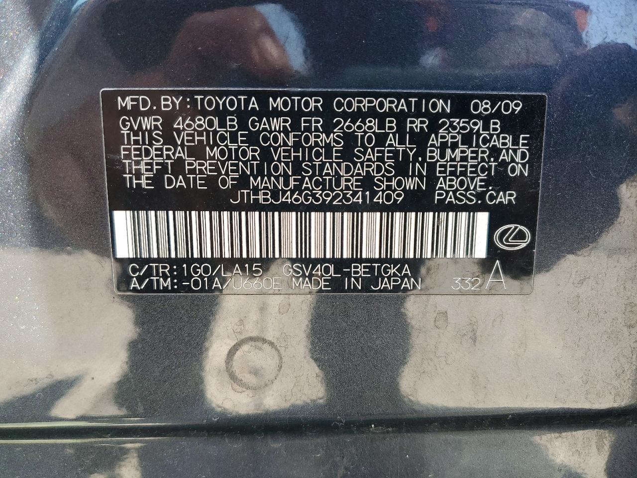2009 Lexus Es 350 Gray vin: JTHBJ46G392341409