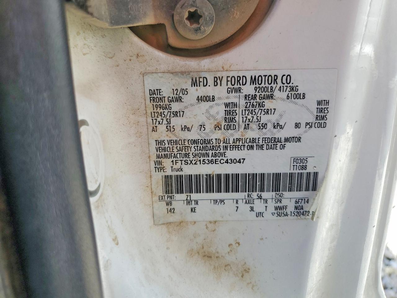 2006 Ford F250 Super Duty White vin: 1FTSX21536EC43047