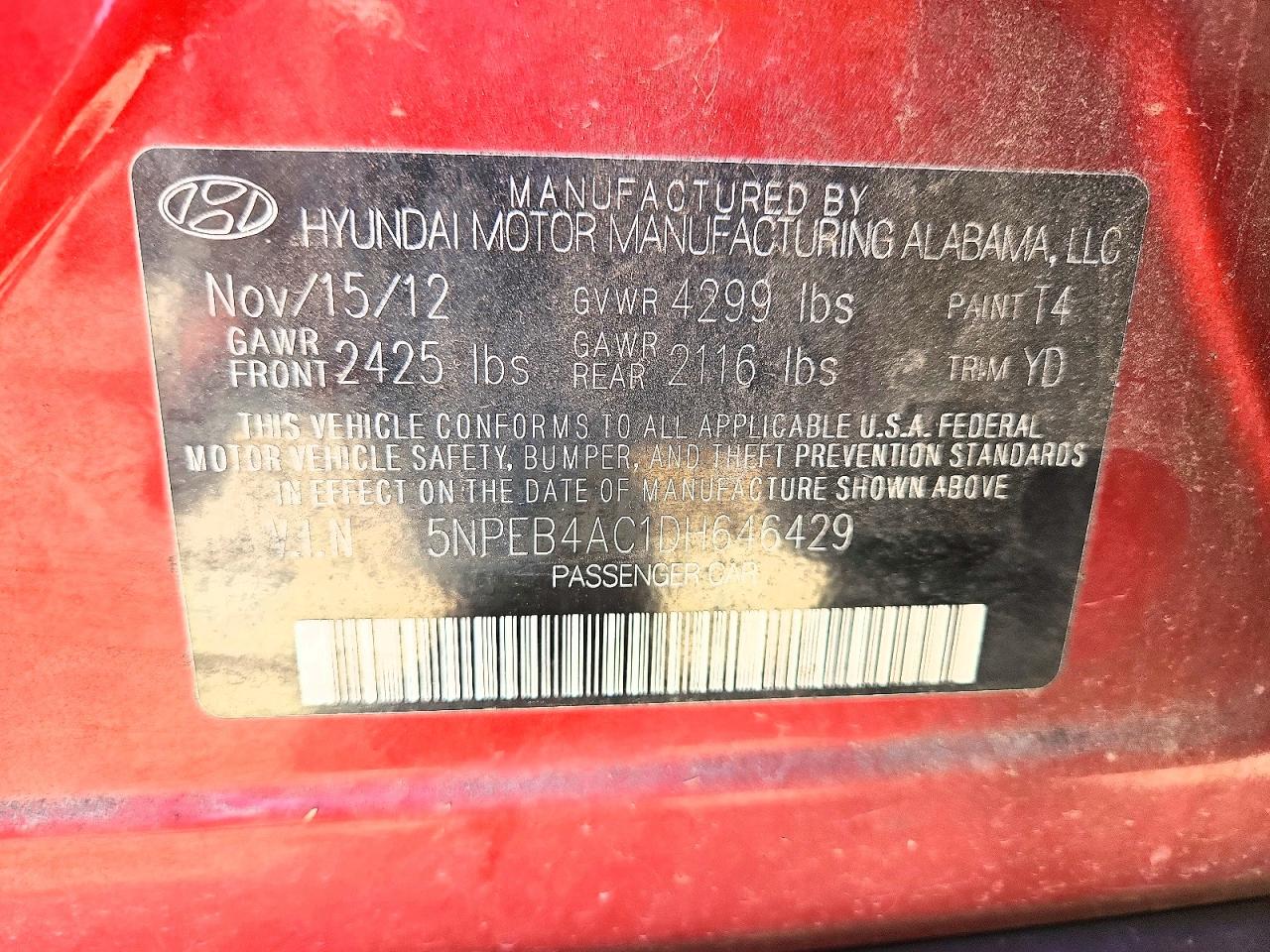 2013 Hyundai Sonata Gls Red vin: 5NPEB4AC1DH646429