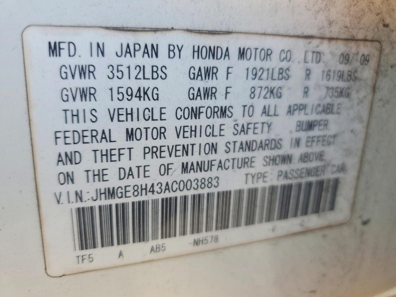 2010 Honda Fit Sport White vin: JHMGE8H43AC003883