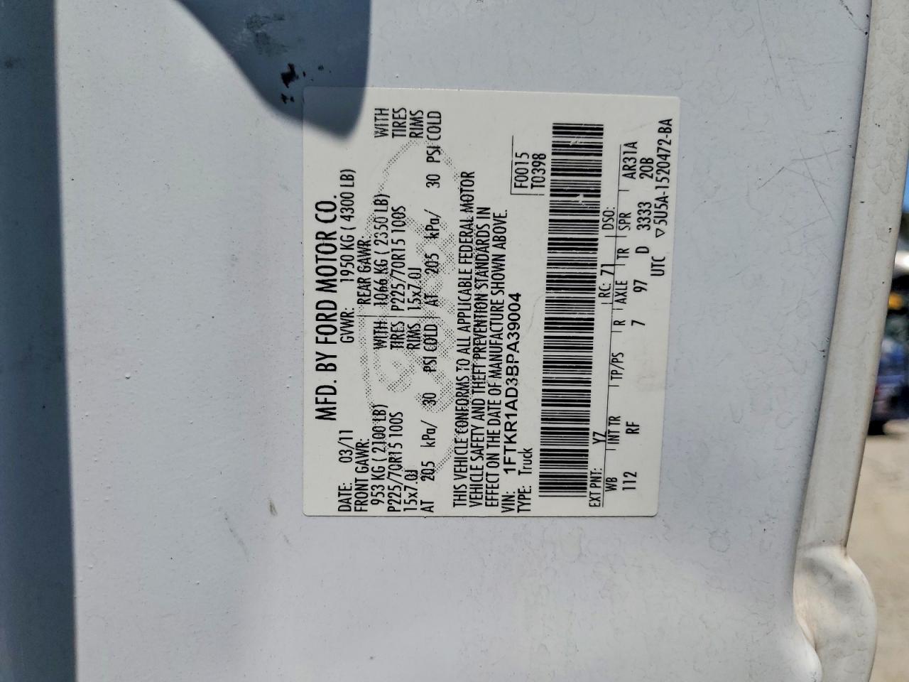 2011 Ford Ranger Белый vin: 1FTKR1AD3BPA39004