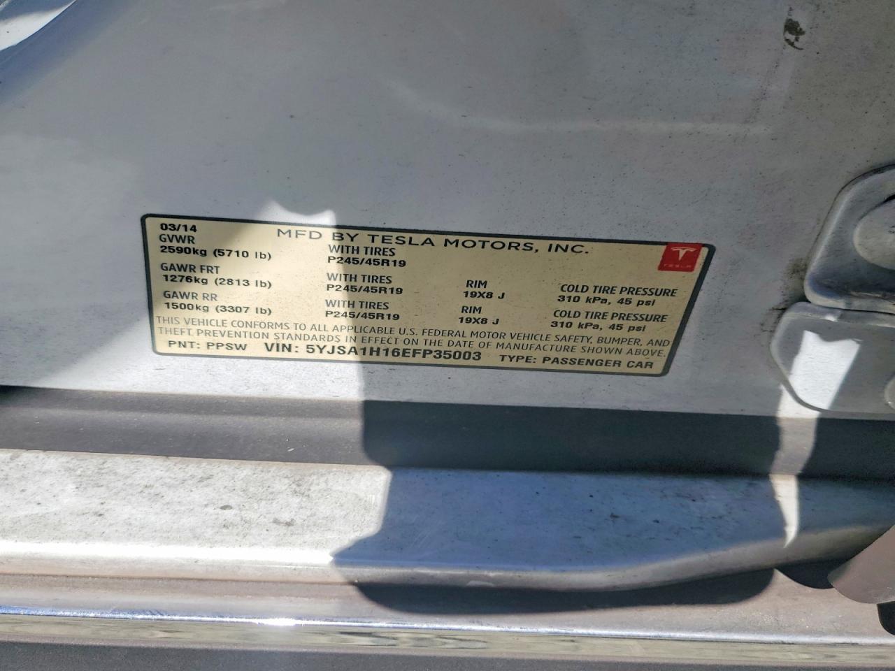 2014 Tesla Model S White vin: 5YJSA1H16EFP35003