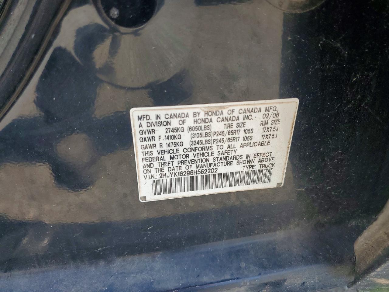 2006 Honda Ridgeline Rt Black vin: 2HJYK16296H562202