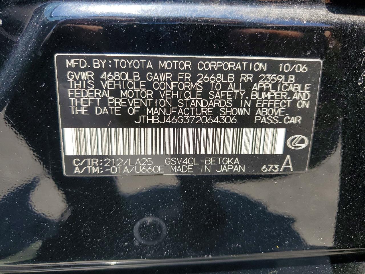2007 Lexus Es 350 Black vin: JTHBJ46G372064306
