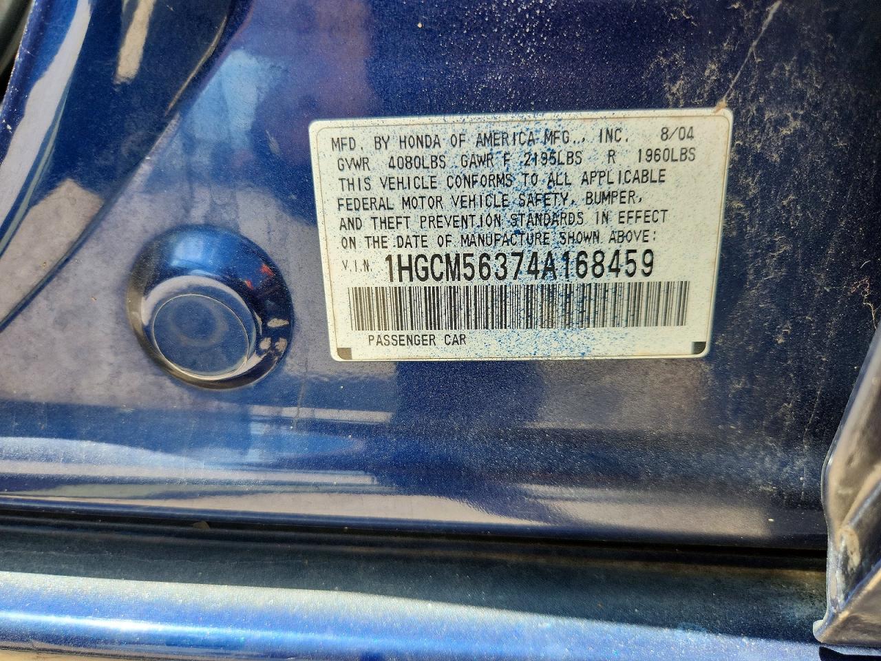 2004 Honda Accord Lx Blue vin: 1HGCM56374A168459