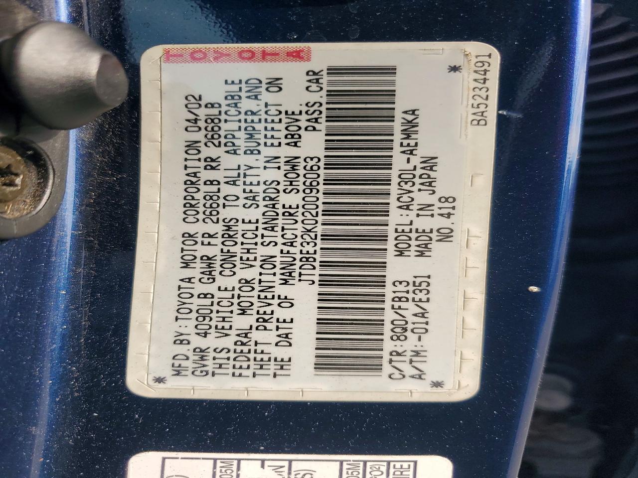 2002 Toyota Camry Le Blue vin: JTDBE32K020096063
