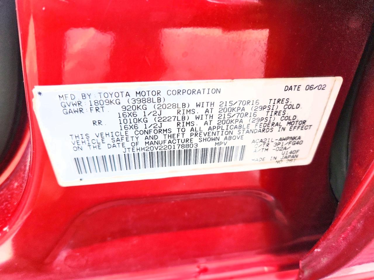 2002 Toyota Rav4 Base Red vin: JTEHH20V220178803