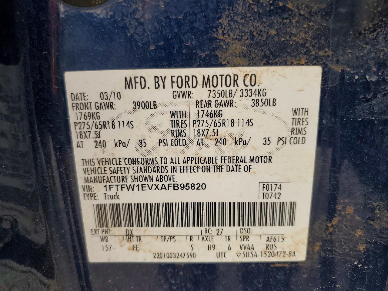 2010 Ford F150 Supercrew Blue vin: 1FTFW1EVXAFB95820
