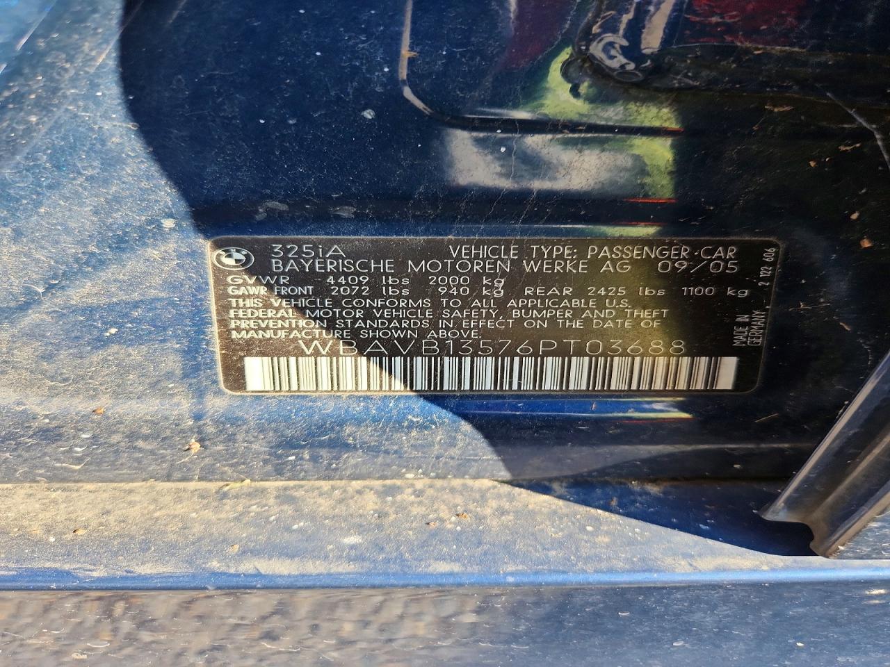 2006 Bmw 325 I Blue vin: WBAVB13576PT03688