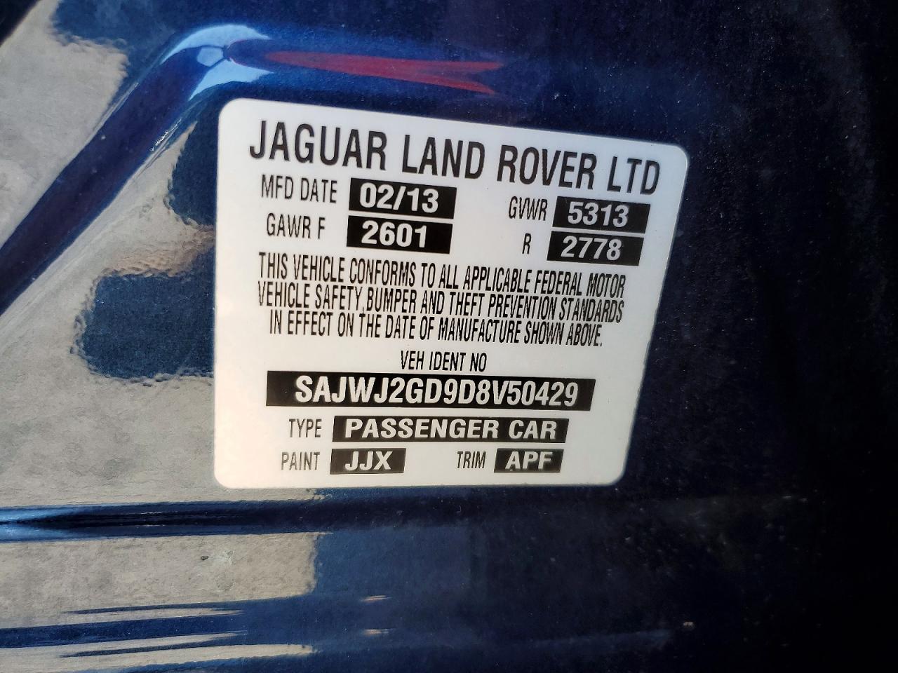 2013 Jaguar Xjl Portfolio Blue vin: SAJWJ2GD9D8V50429