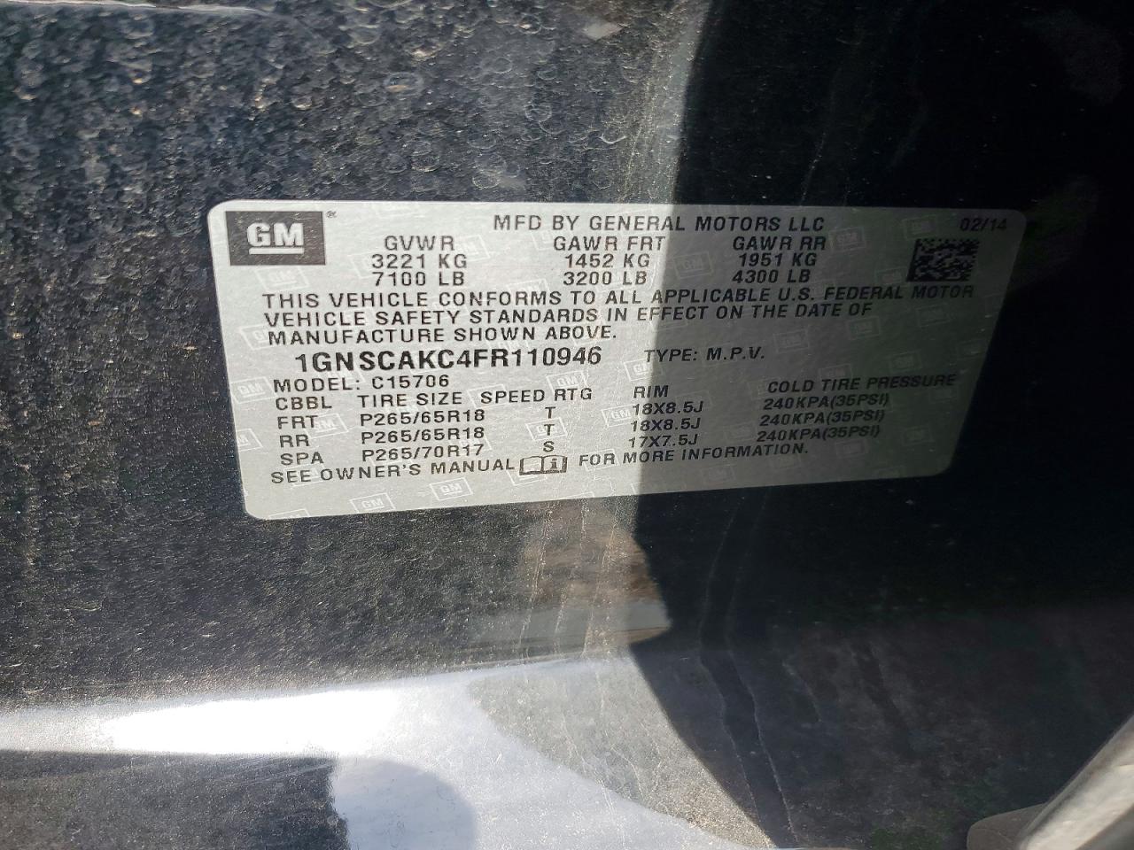 2015 Chevrolet Tahoe C1500 Ls Black vin: 1GNSCAKC4FR110946