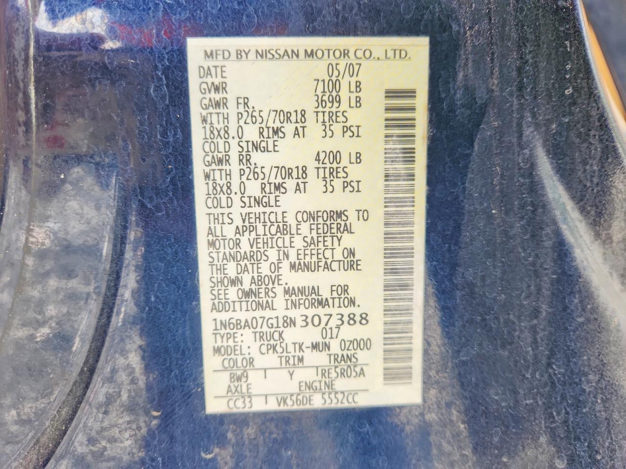2008 Nissan Titan Xe Ffv Blue vin: 1N6BA07G18N307388
