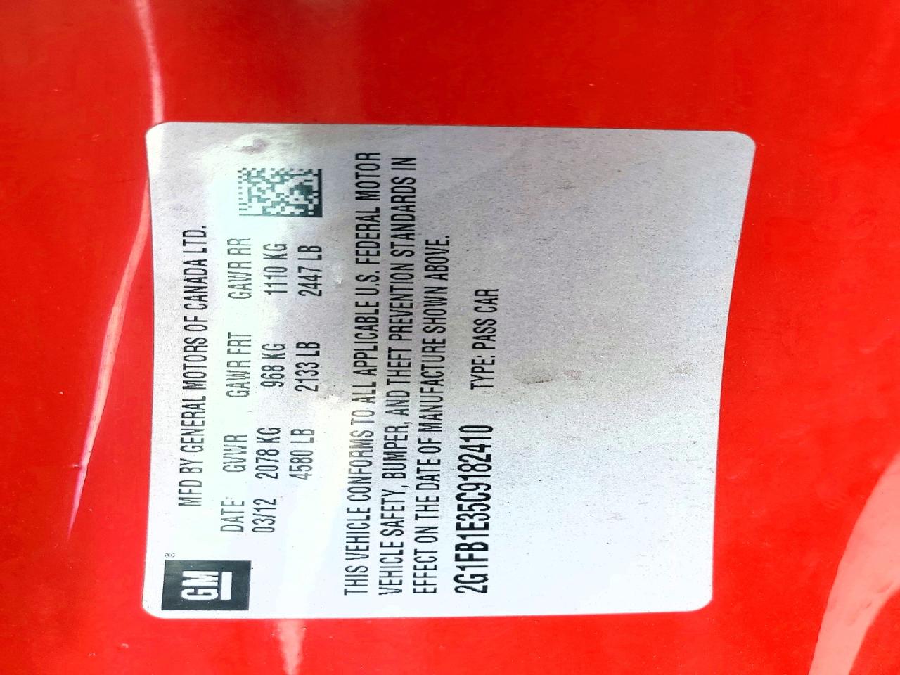 2012 Chevrolet Camaro Lt Red vin: 2G1FB1E35C9182410