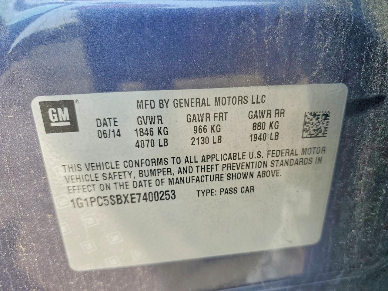 2014 Chevrolet Cruze Lt Blue vin: 1G1PC5SBXE7400253