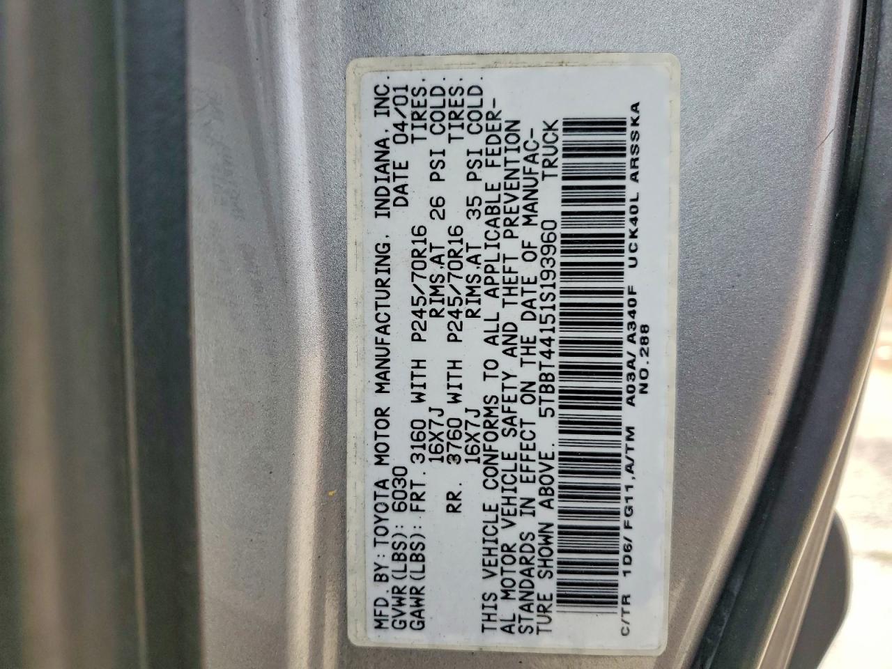 2001 Toyota Tundra Sr5 Silver vin: 5TBBT44151S193960