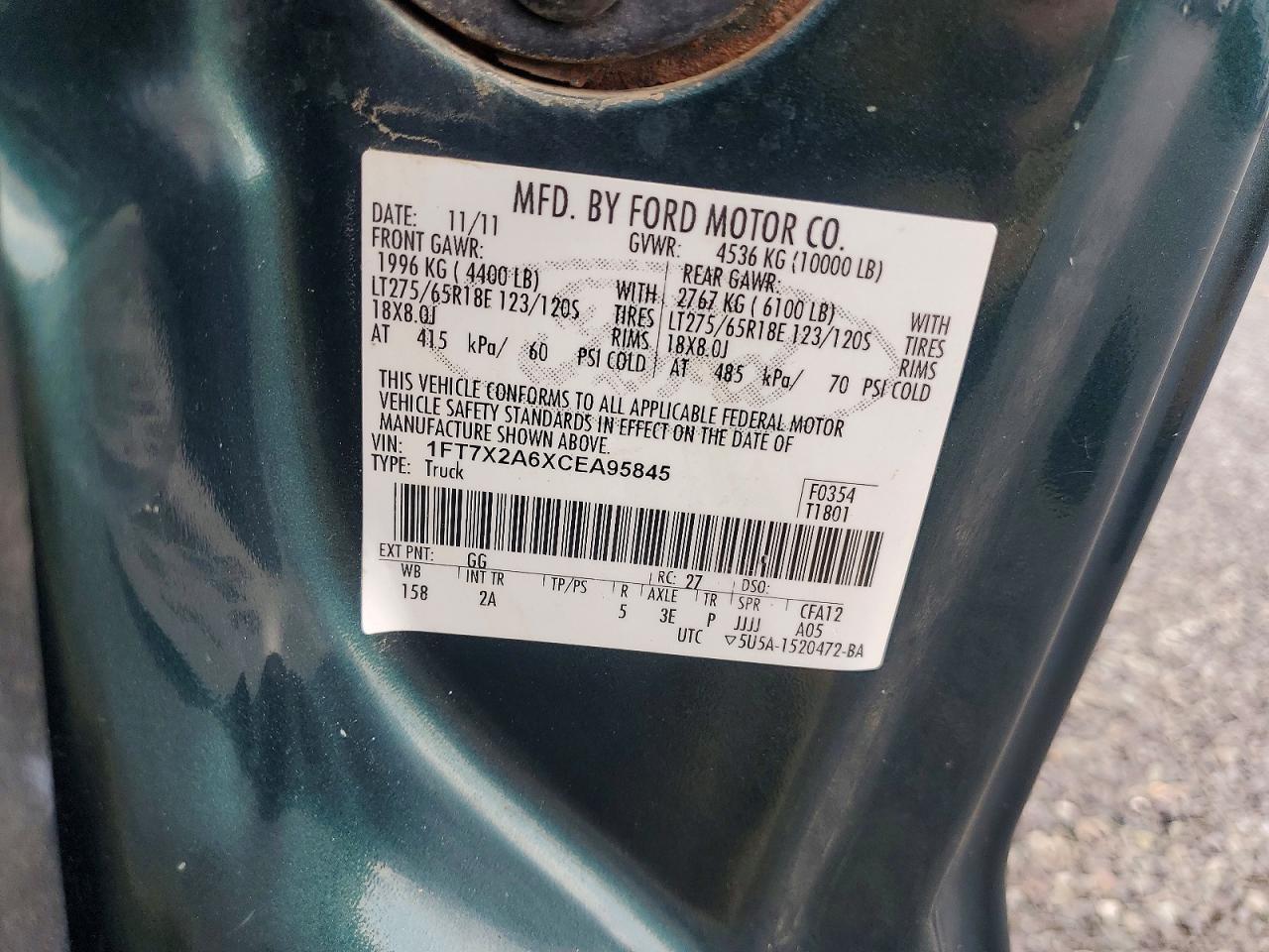 2012 Ford F250 Super Duty Green vin: 1FT7X2A6XCEA95845