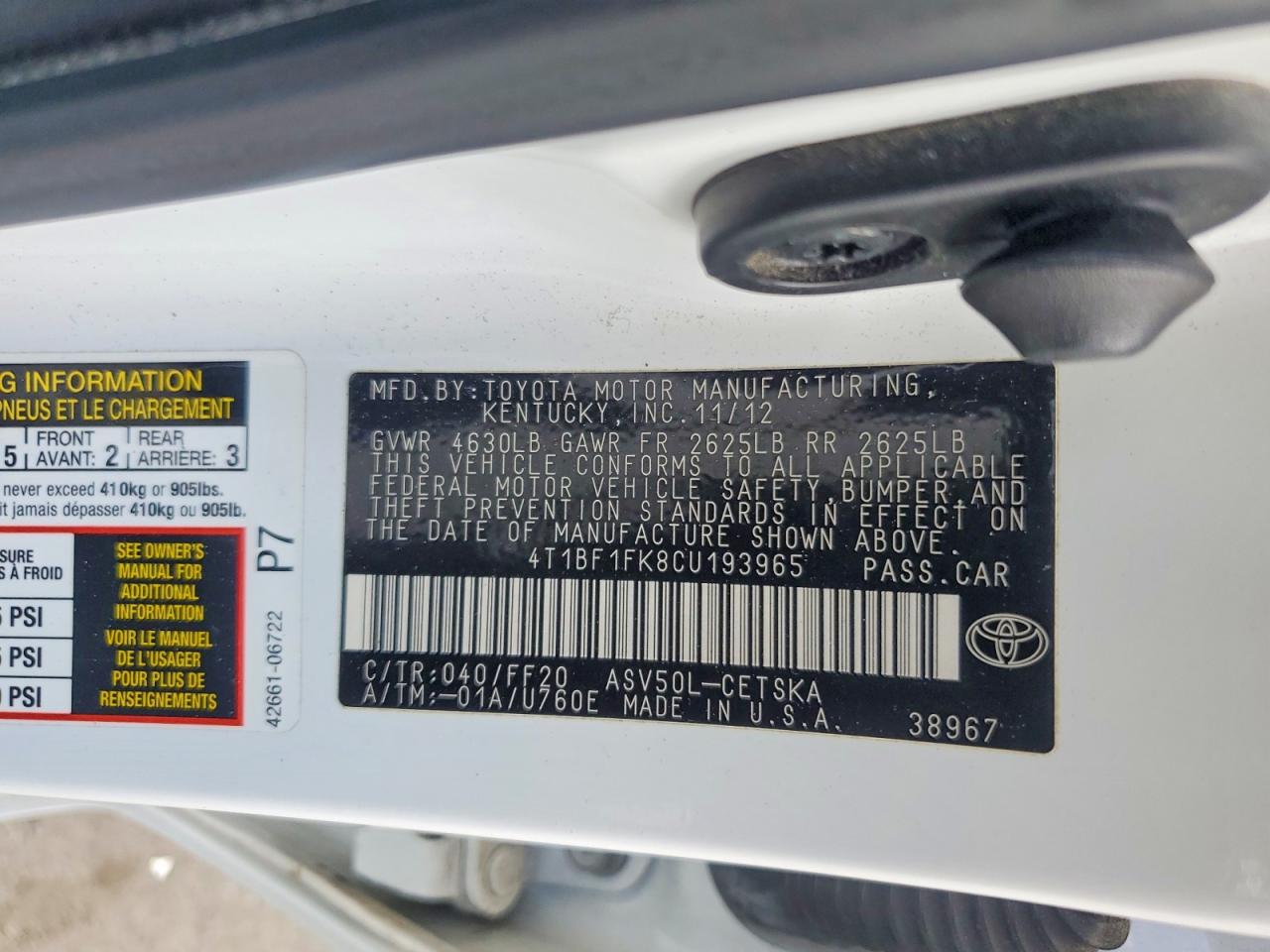 2012 Toyota Camry Se White vin: 4T1BF1FK8CU193965