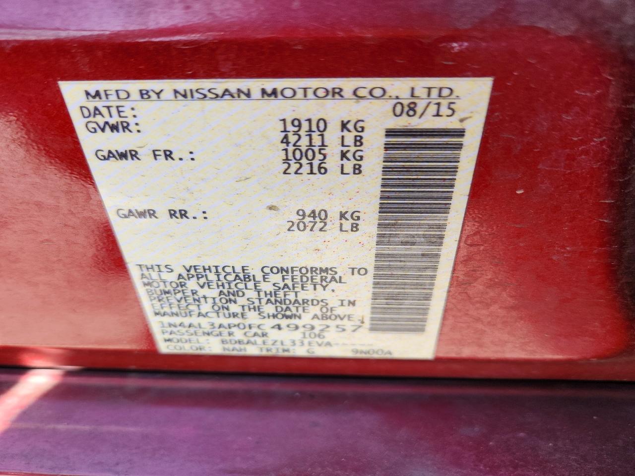 2015 Nissan Altima 2.5 S Maroon vin: 1N4AL3AP0FC499257