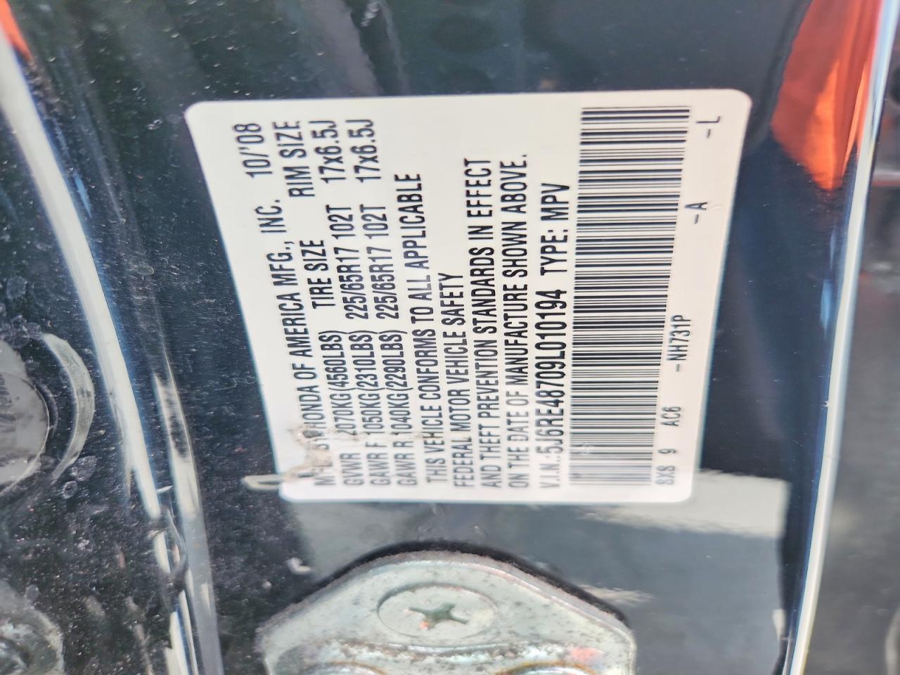 2009 Honda Cr-v Exl Черный vin: 5J6RE48709L010194