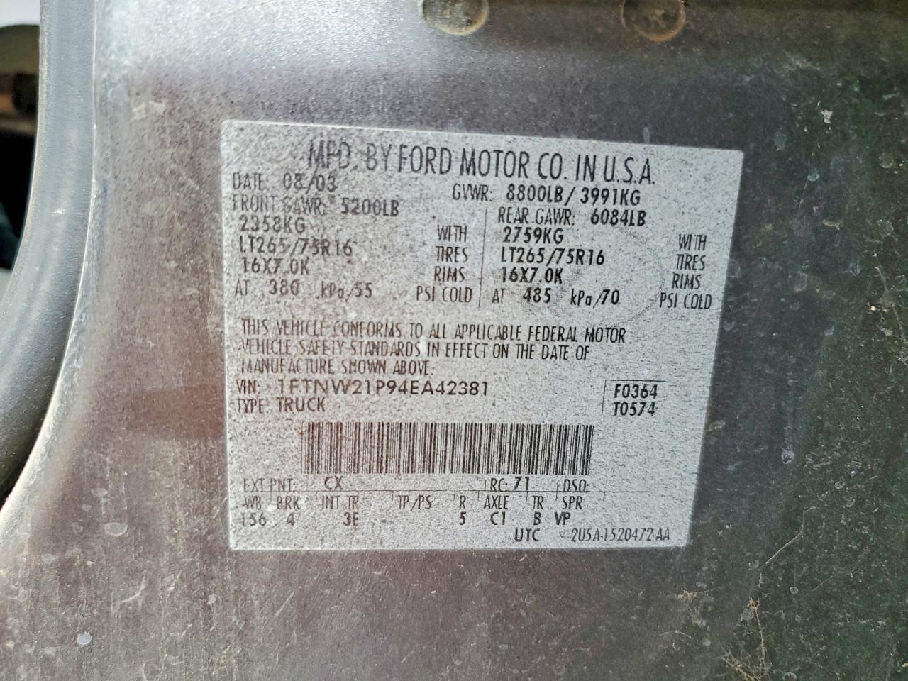 2004 Ford F250 Super Duty Charcoal vin: 1FTNW21P94EA42381