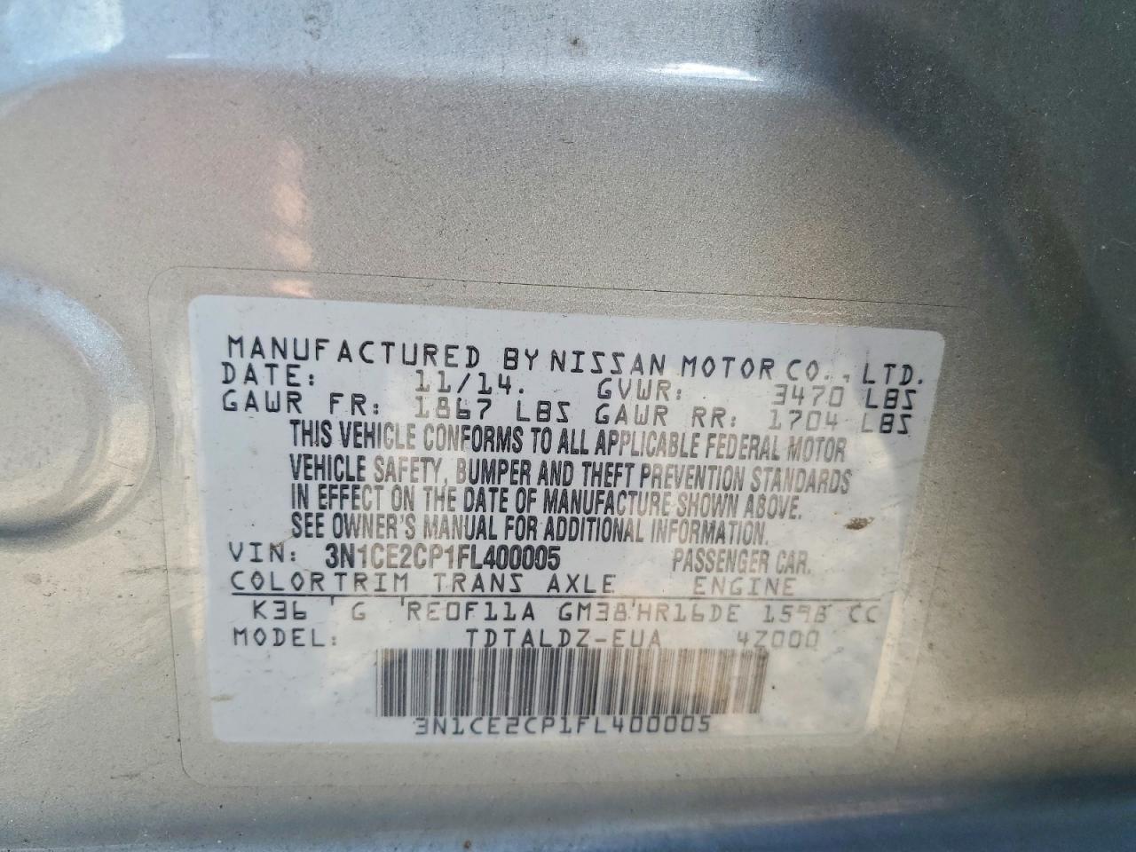 2015 Nissan Versa Note Sv Silver vin: 3N1CE2CP1FL400005
