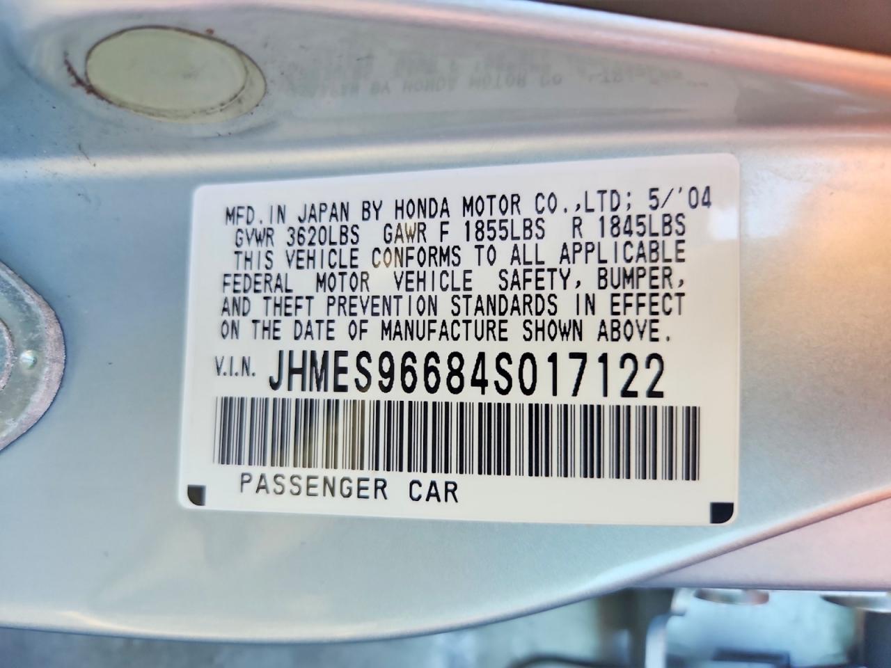 2004 Honda Civic Hybrid Blue vin: JHMES96684S017122