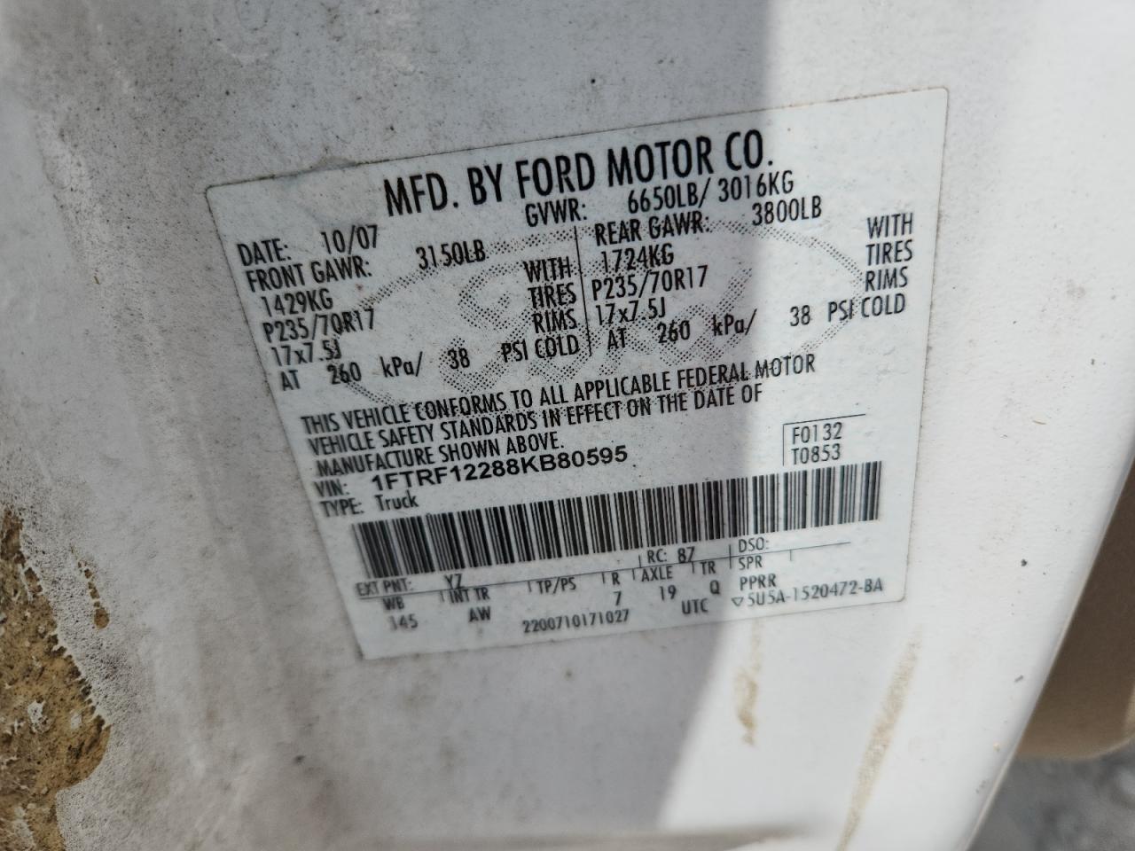 2008 Ford F150 White vin: 1FTRF12288KB80595