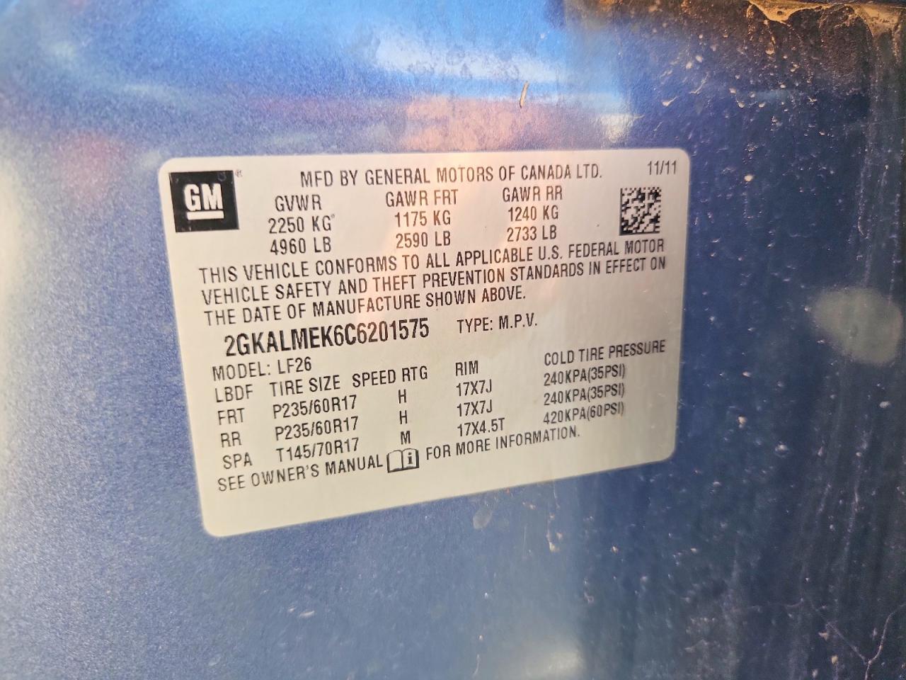 2012 Gmc Terrain Sle Blue vin: 2GKALMEK6C6201575
