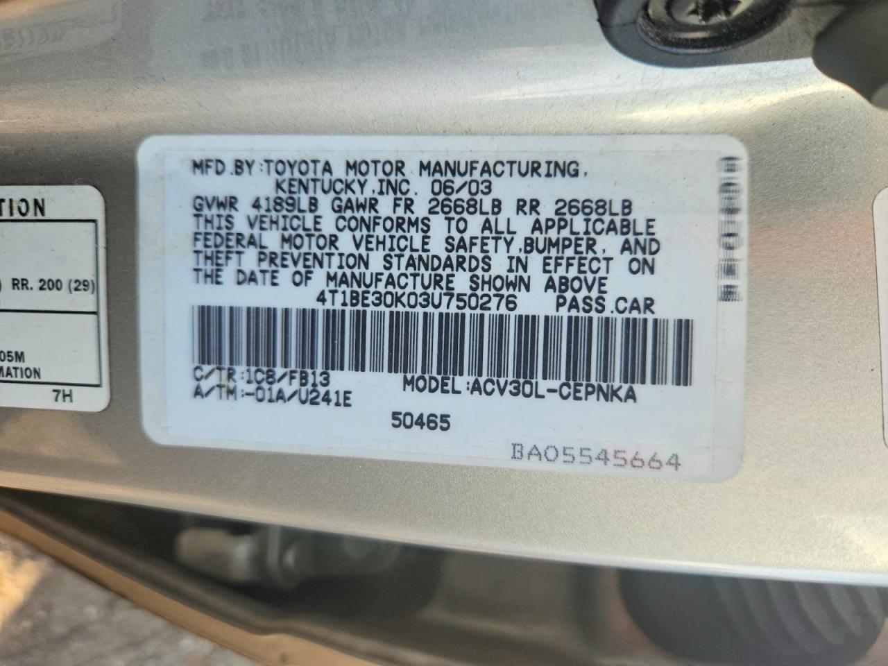 2003 Toyota Camry Le Silver vin: 4T1BE30K03U750276