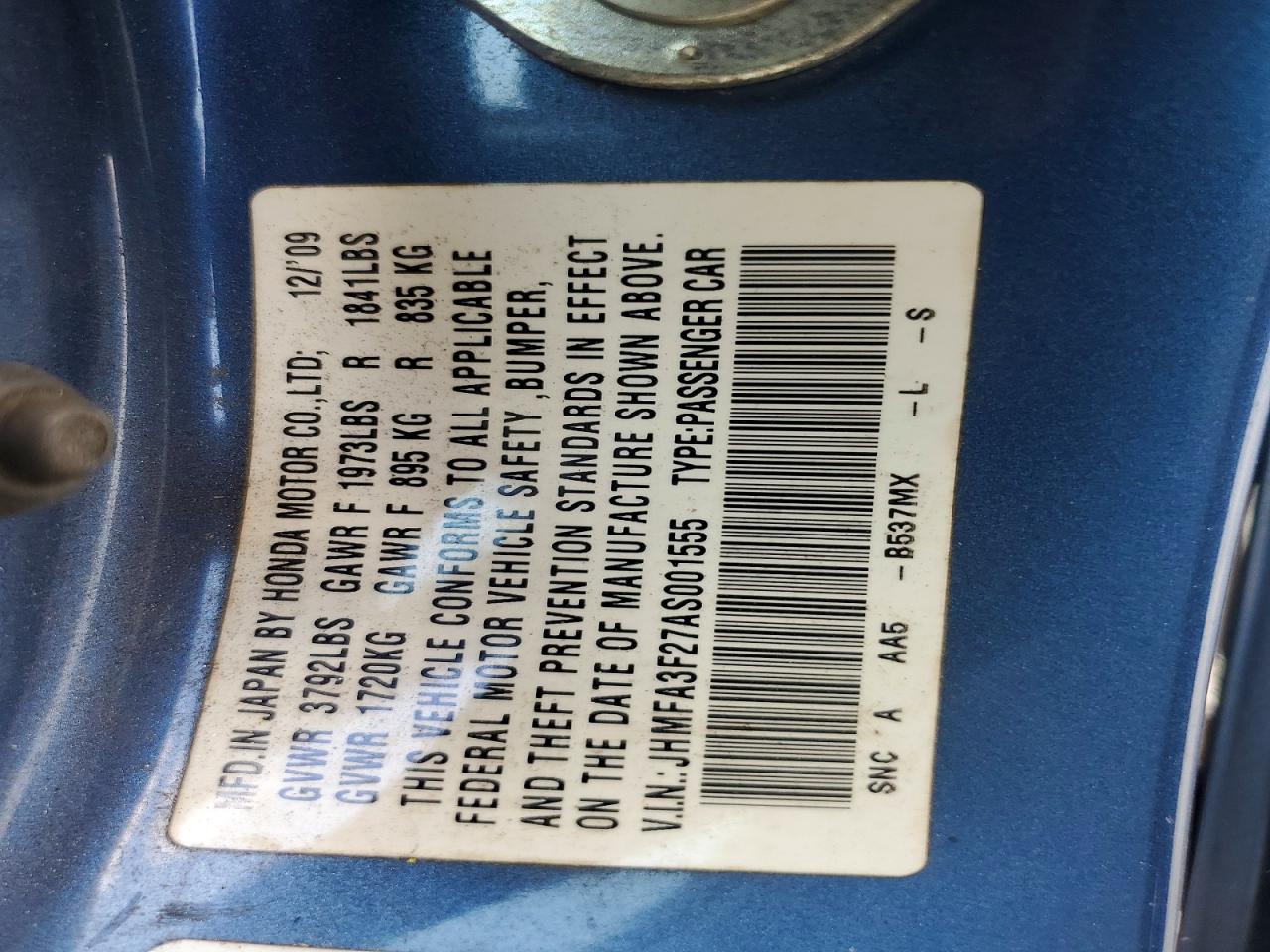 2010 Honda Civic Hybrid Blue vin: JHMFA3F27AS001555