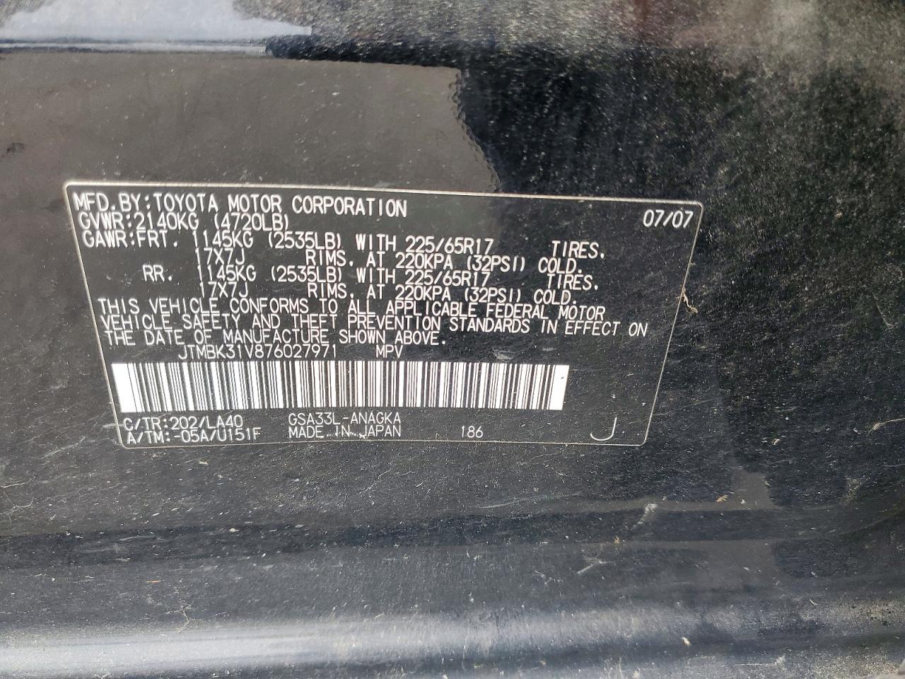 2007 Toyota Rav4 Limited Black vin: JTMBK31V876027971