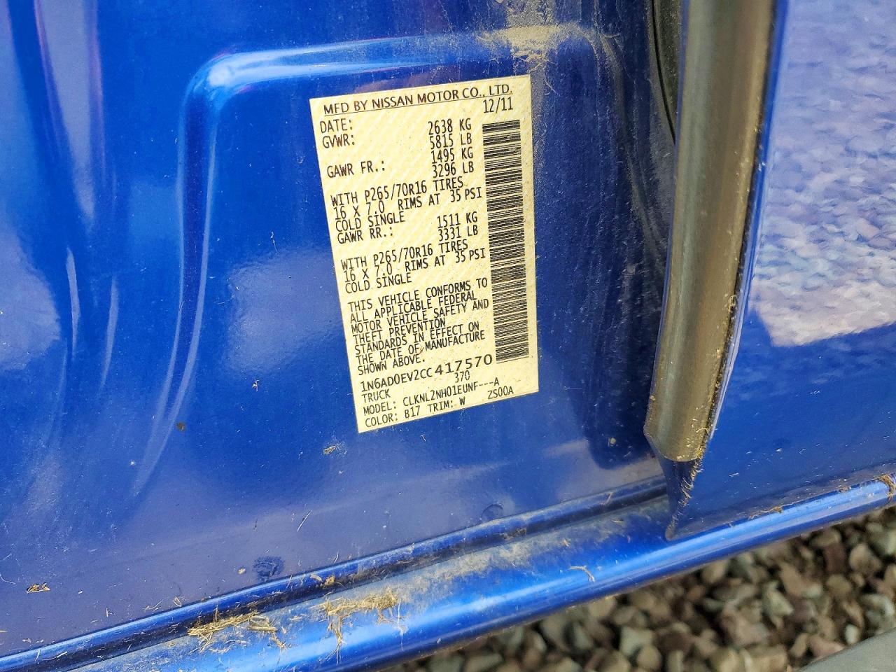 2012 Nissan Frontier S Blue vin: 1N6AD0EV2CC417570