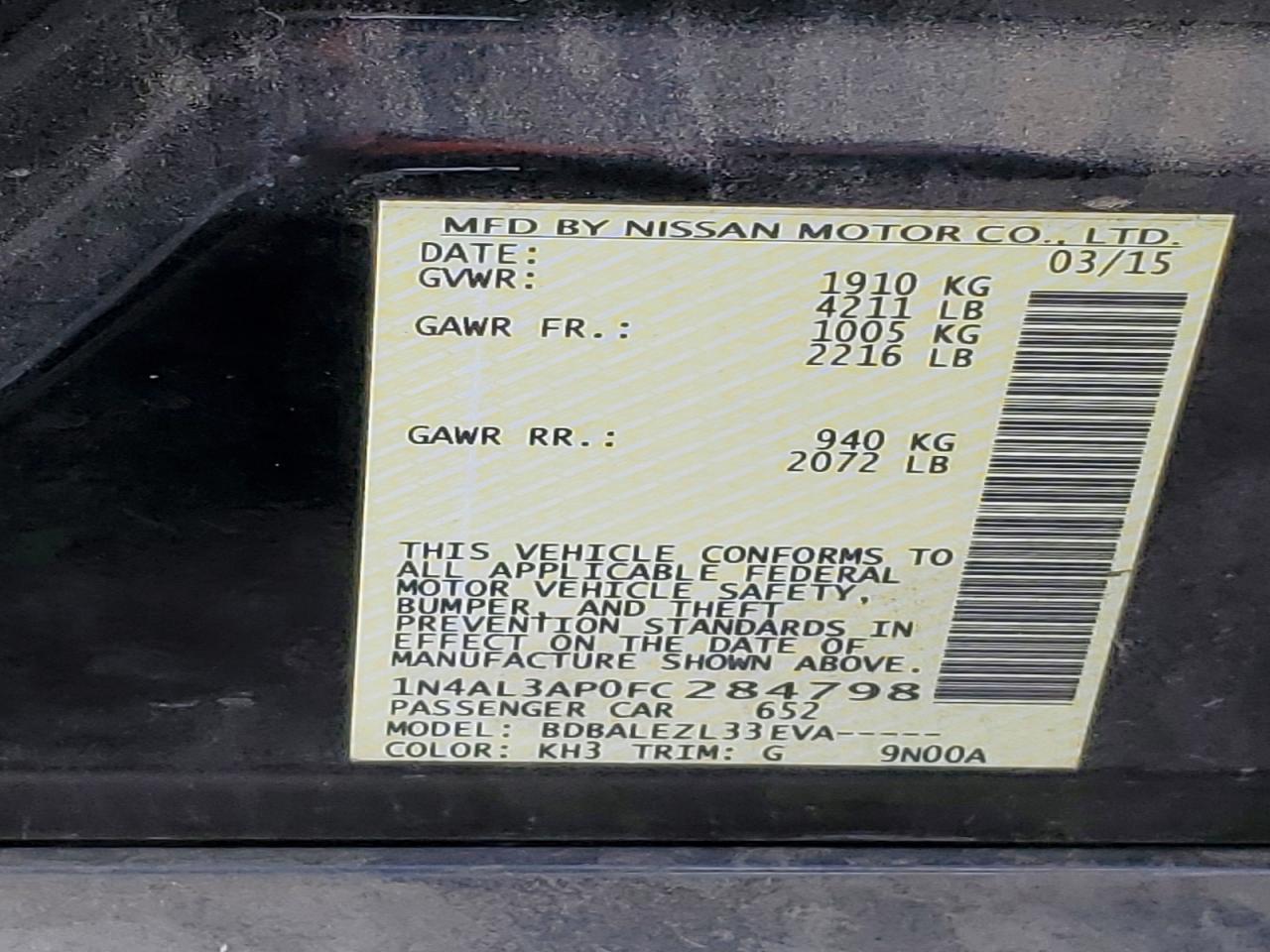 2015 Nissan Altima 2.5 S Black vin: 1N4AL3AP0FC284798