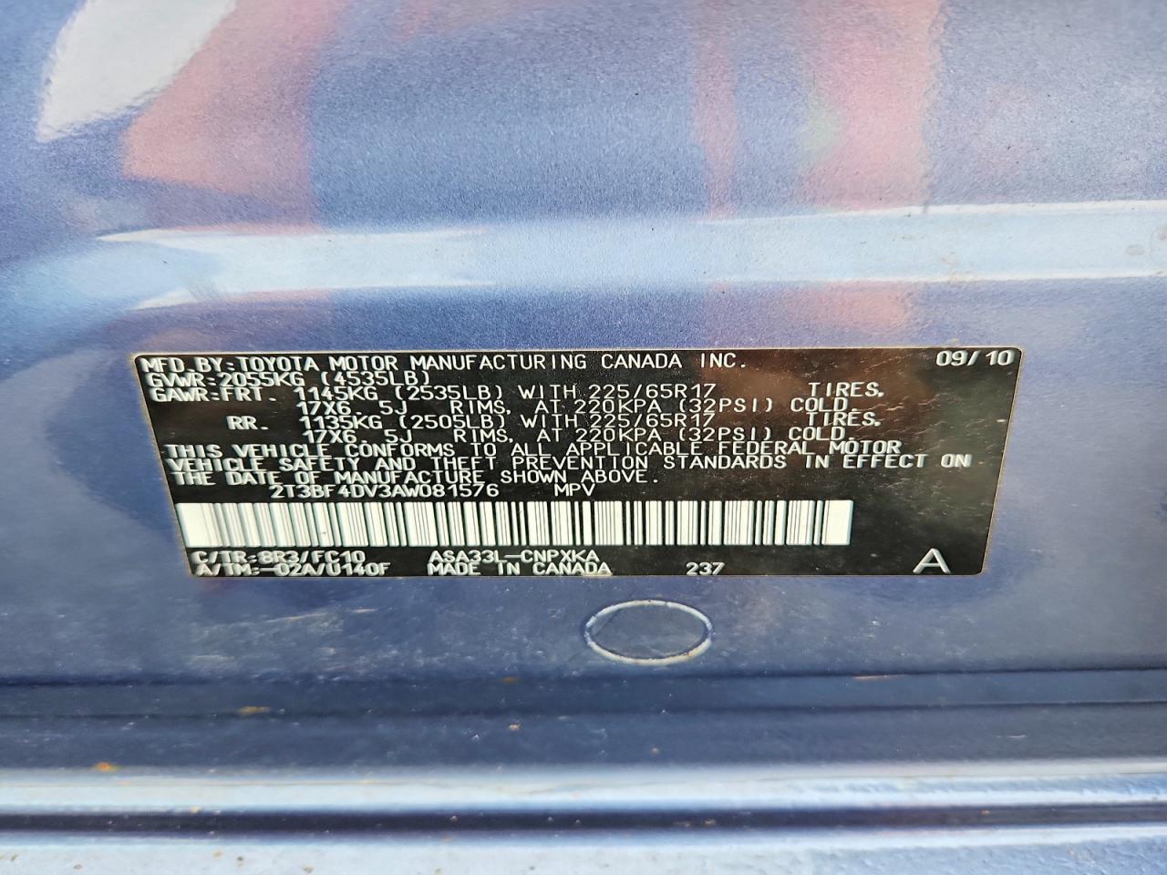 2010 Toyota Rav4 Base Blue vin: 2T3BF4DV3AW081576