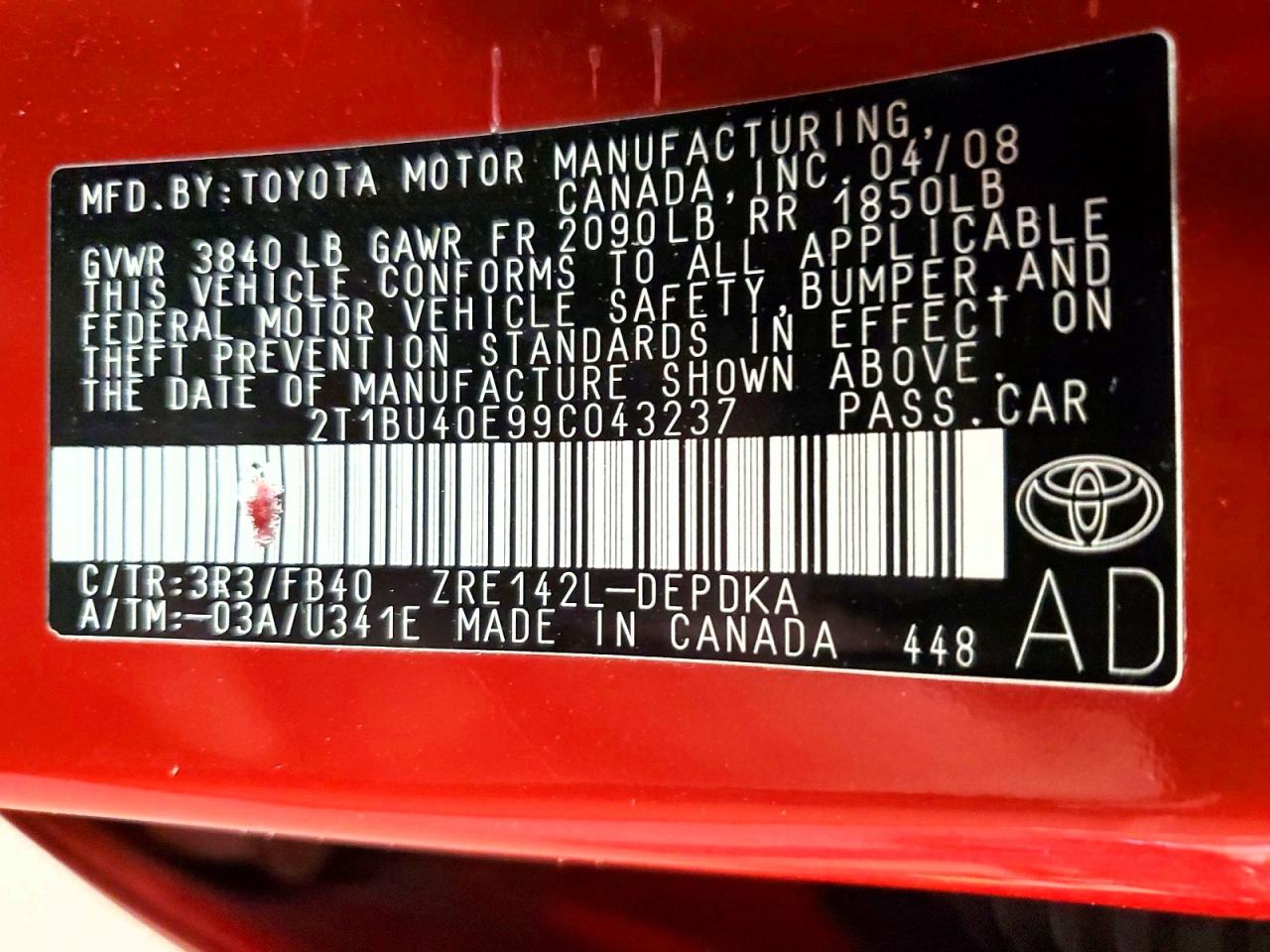 2009 Toyota Corolla Le Red vin: 2T1BU40E99C043237