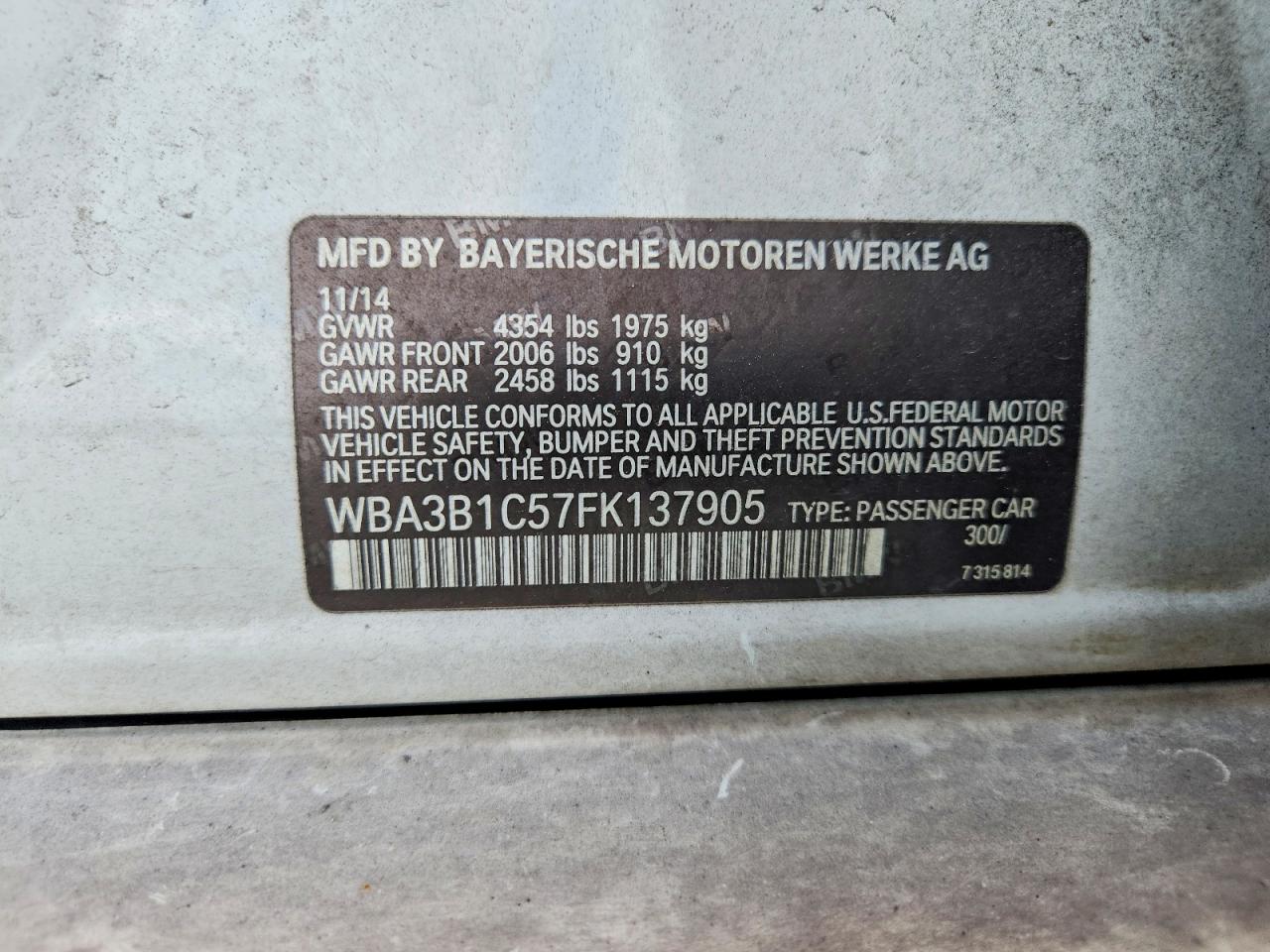 2015 Bmw 320 I White vin: WBA3B1C57FK137905