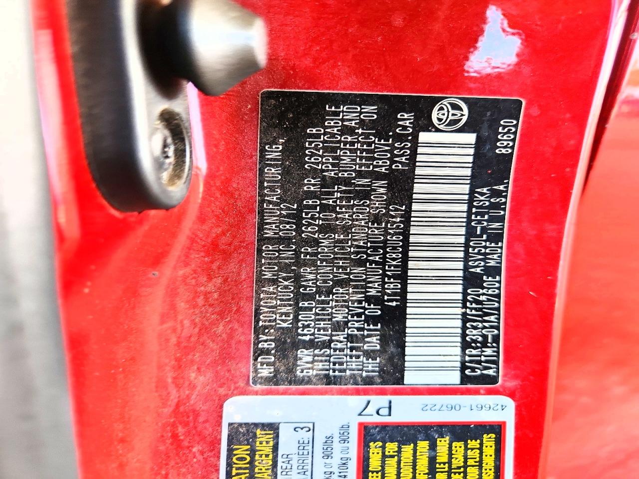 2012 Toyota Camry Se Red vin: 4T1BF1FK8CU615412