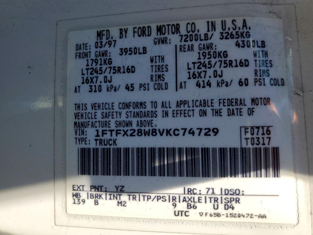 1997 Ford F250 White vin: 1FTFX28W8VKC74729