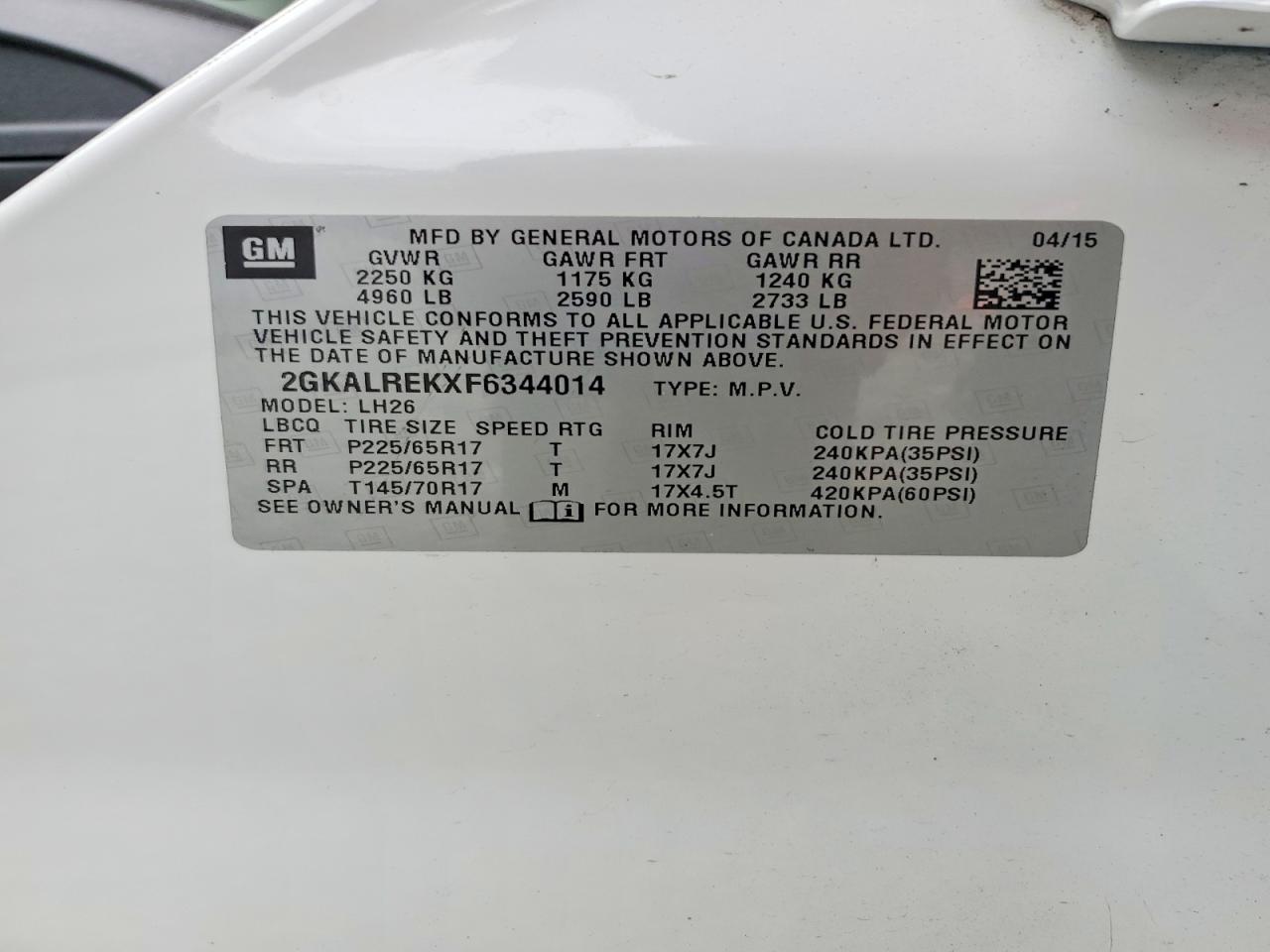 2015 Gmc Terrain Sle White vin: 2GKALREKXF6344014