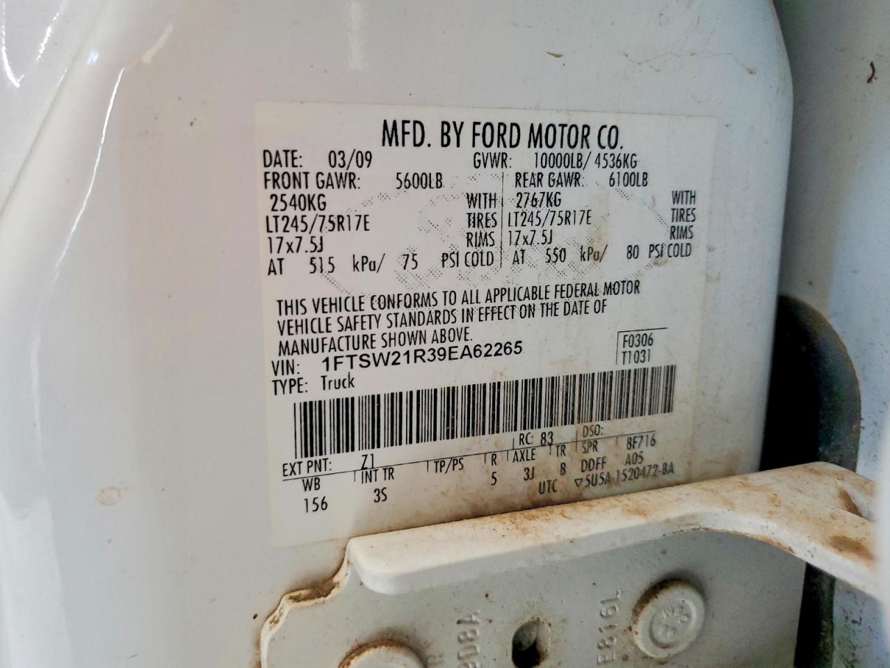 2009 Ford F250 Super Duty White vin: 1FTSW21R39EA62265