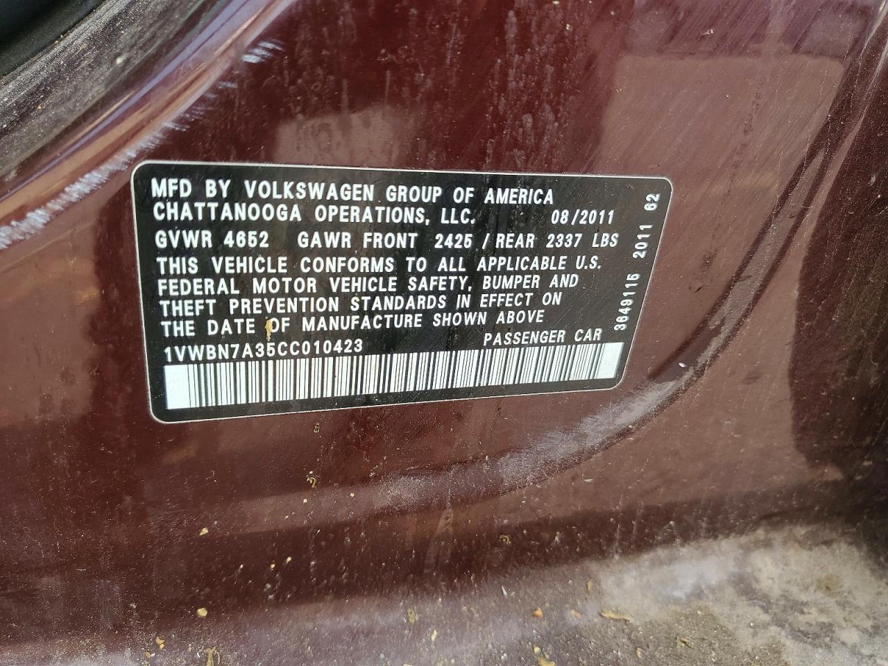 2012 Volkswagen Passat Se Burgundy vin: 1VWBN7A35CC010423