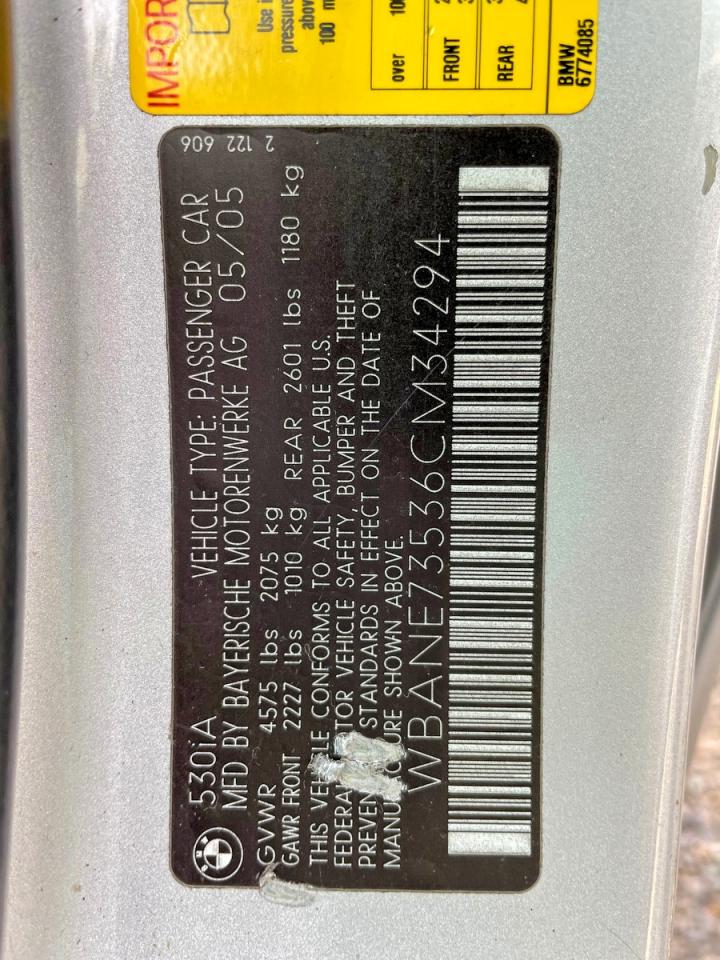 2006 Bmw 530 I Silver vin: WBANE73536CM34294