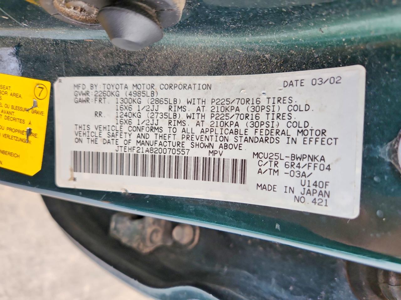 2002 Toyota Highlander Limited Green vin: JTEHF21A820070557