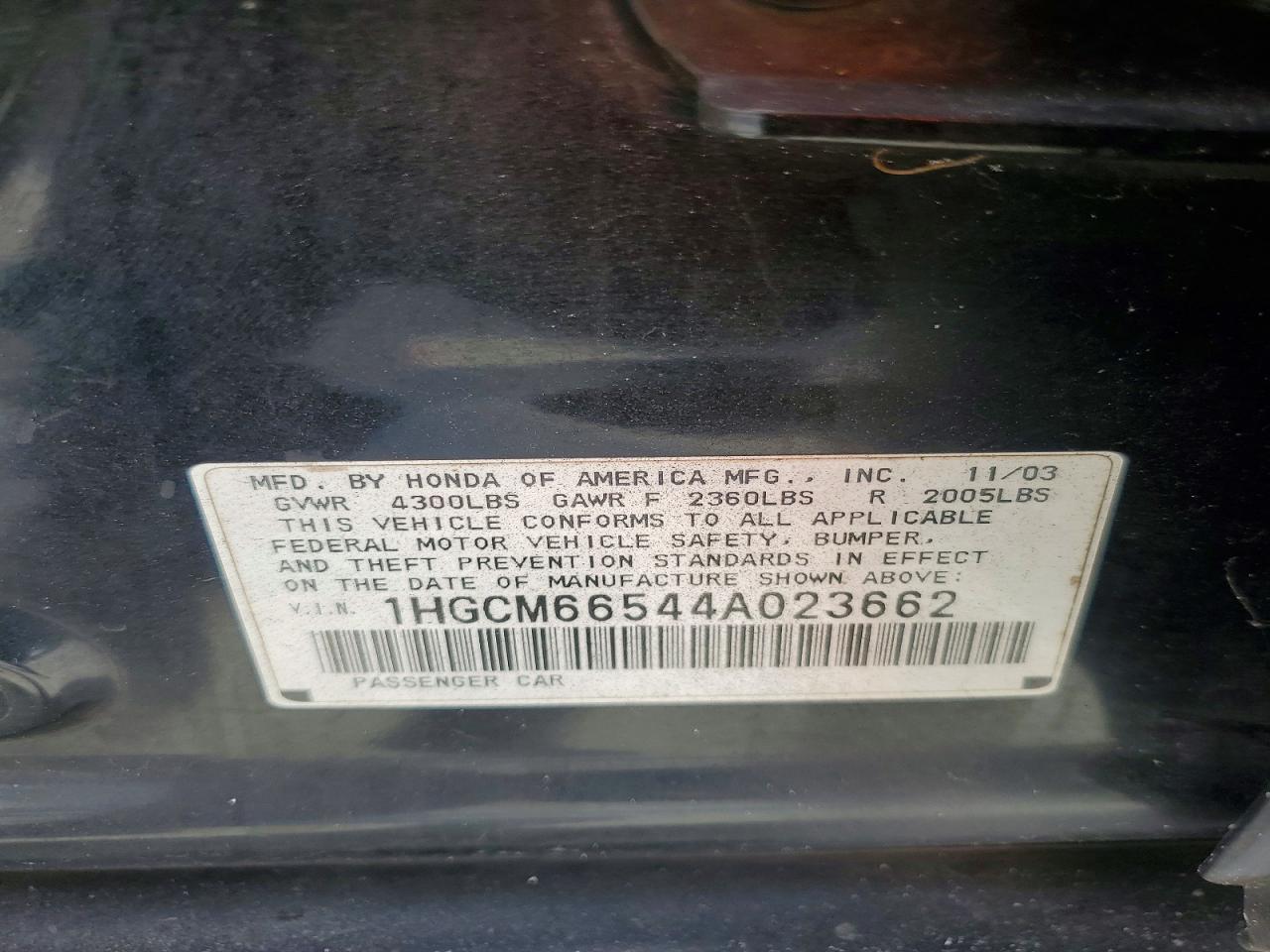 2004 Honda Accord Ex Black vin: 1HGCM66544A023662
