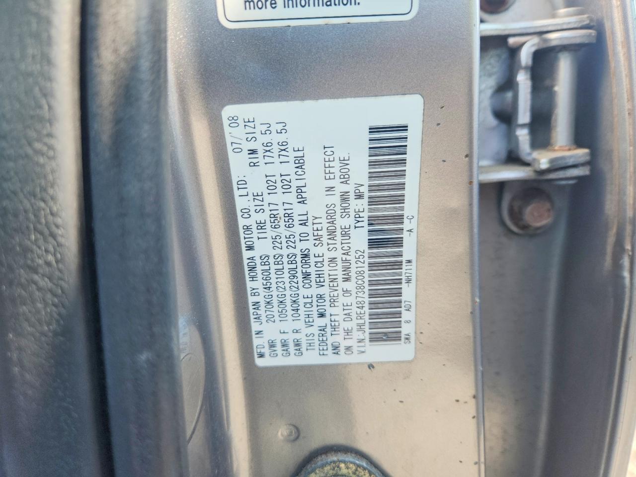 2008 Honda Cr-v Exl Silver vin: JHLRE48738C081252