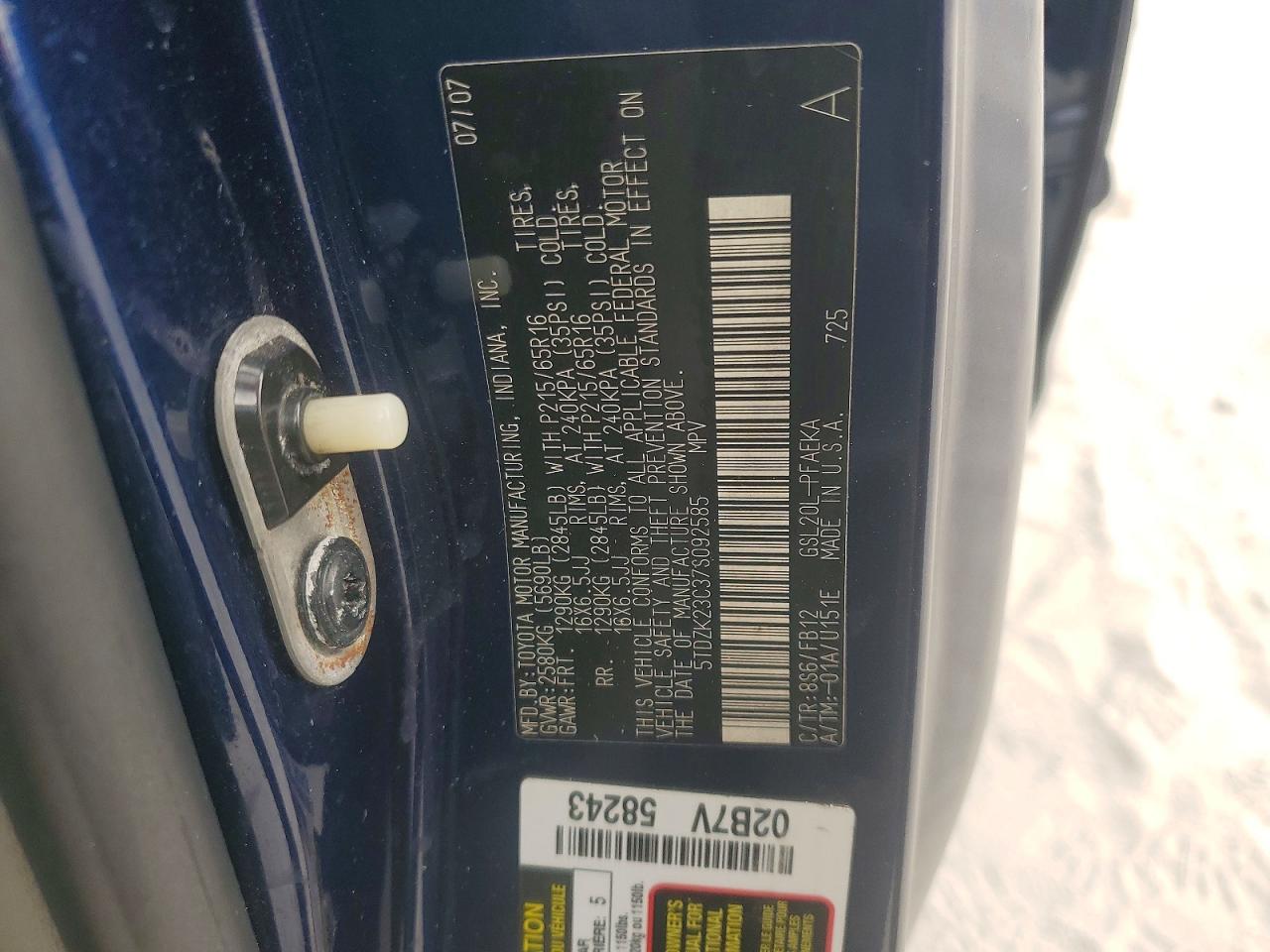 2007 Toyota Sienna Ce 7-passenger Blue vin: 5TDZK23C37S092585