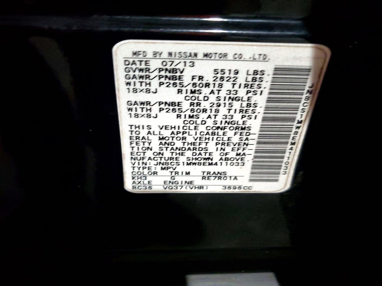 2014 Infiniti Qx70 Base Black vin: JN8CS1MW8EM411033
