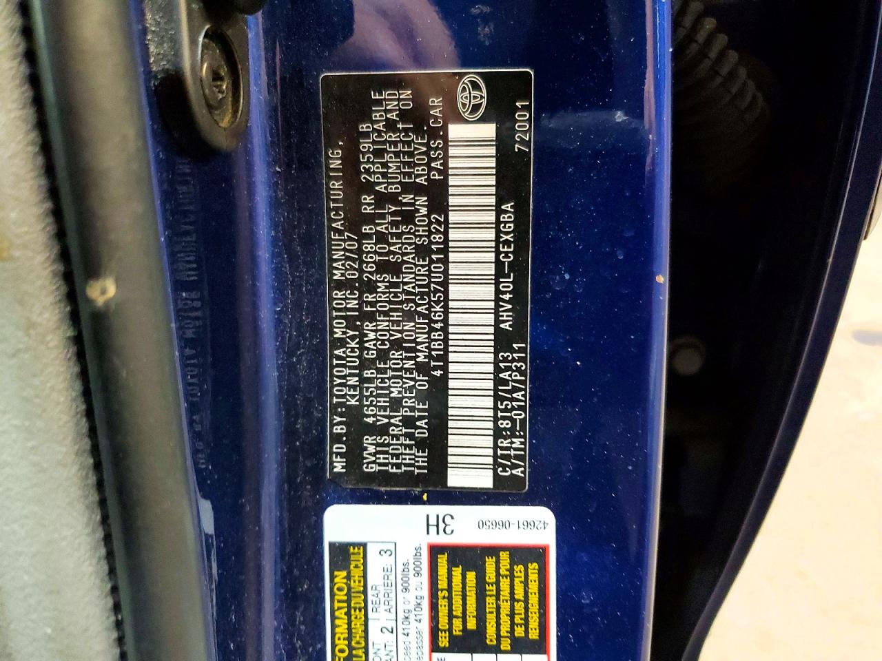 2007 Toyota Camry Hybrid Blue vin: 4T1BB46K57U011822