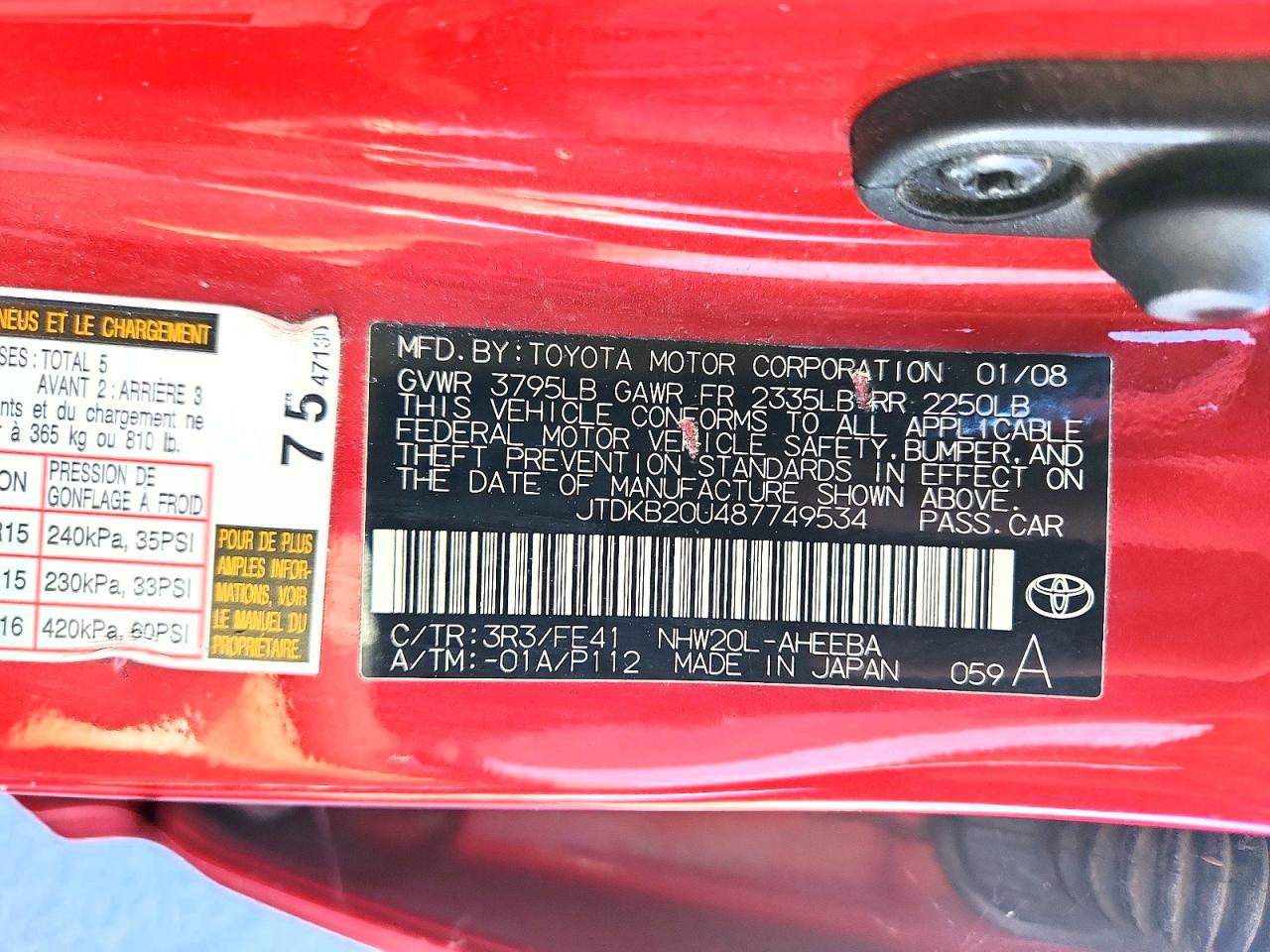 2008 Toyota Prius Base Red vin: JTDKB20U487749534