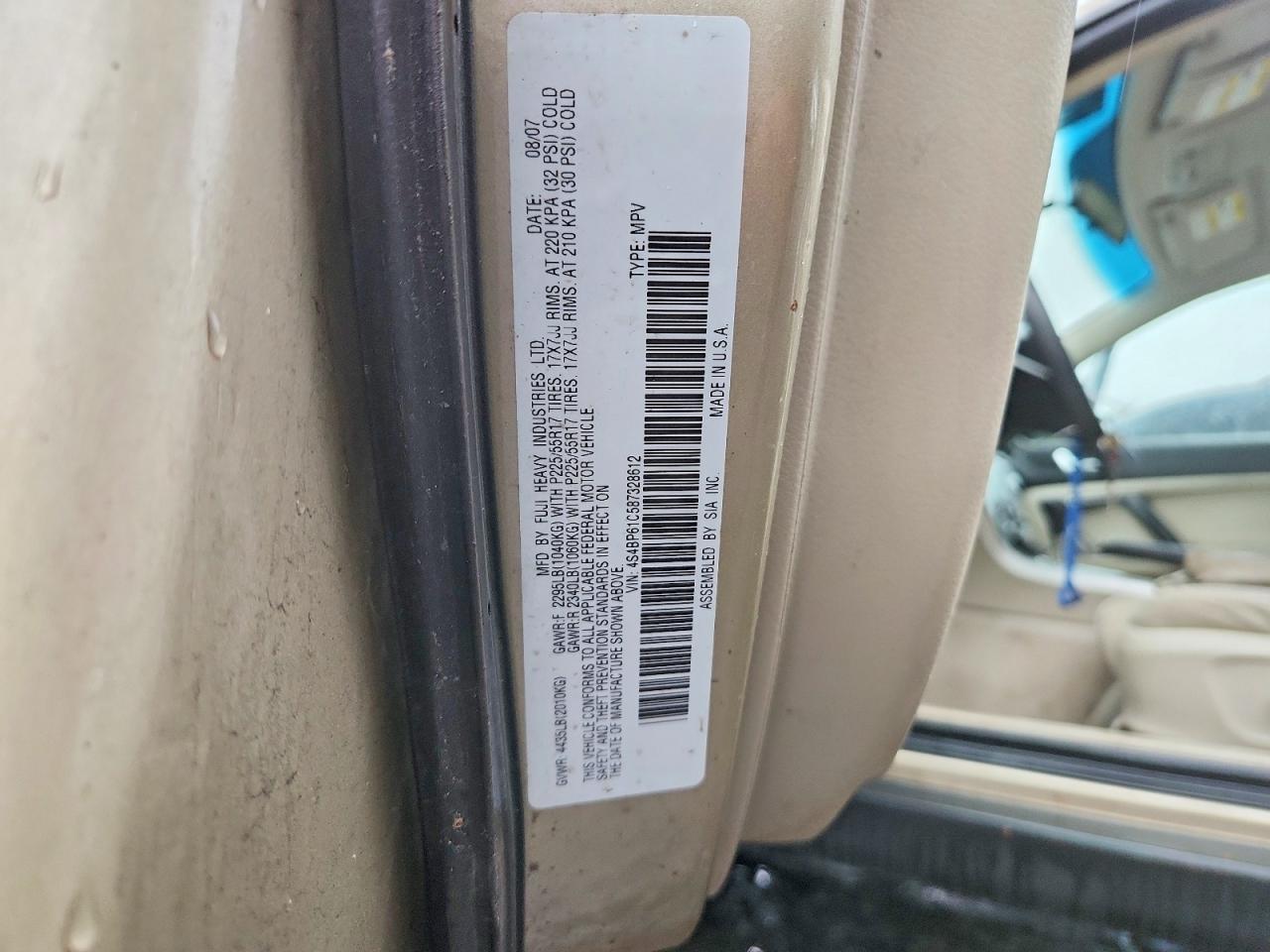 2008 Subaru Outback 2.5i Gold vin: 4S4BP61C587328612